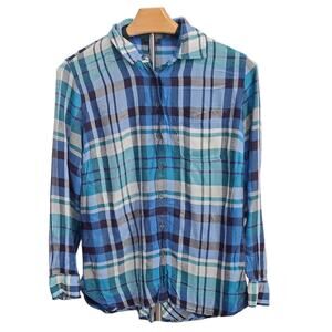 Talbots Blue Plaid Light Flannel Button Down Top Small P